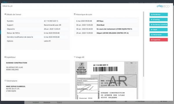 Détail d'un pli tracé après numérisation de l'AR (avis de réception) : actualisation automatique des informations de suivi et sauvegarde de l'image AR